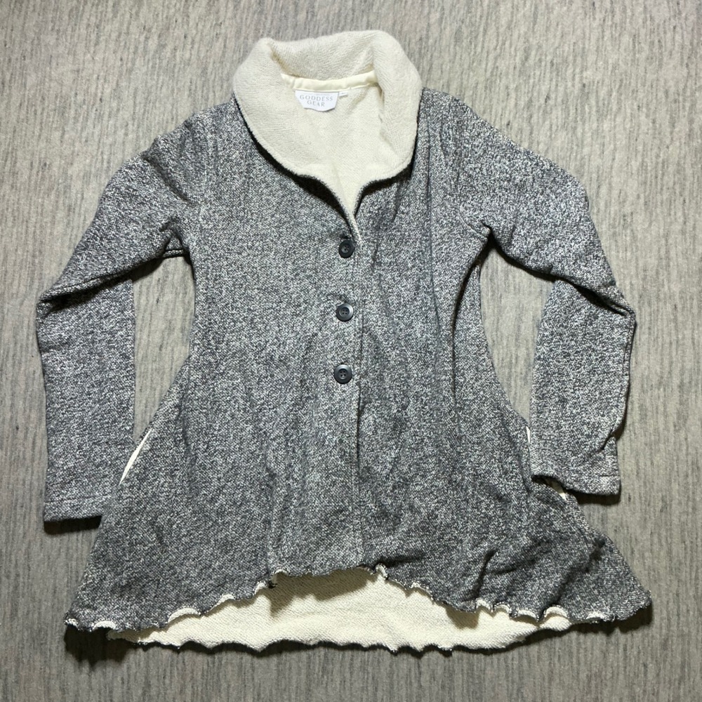 Goddess Gear Gray Marled Knit Button Front Shawl Collar Peplum Jacket Large